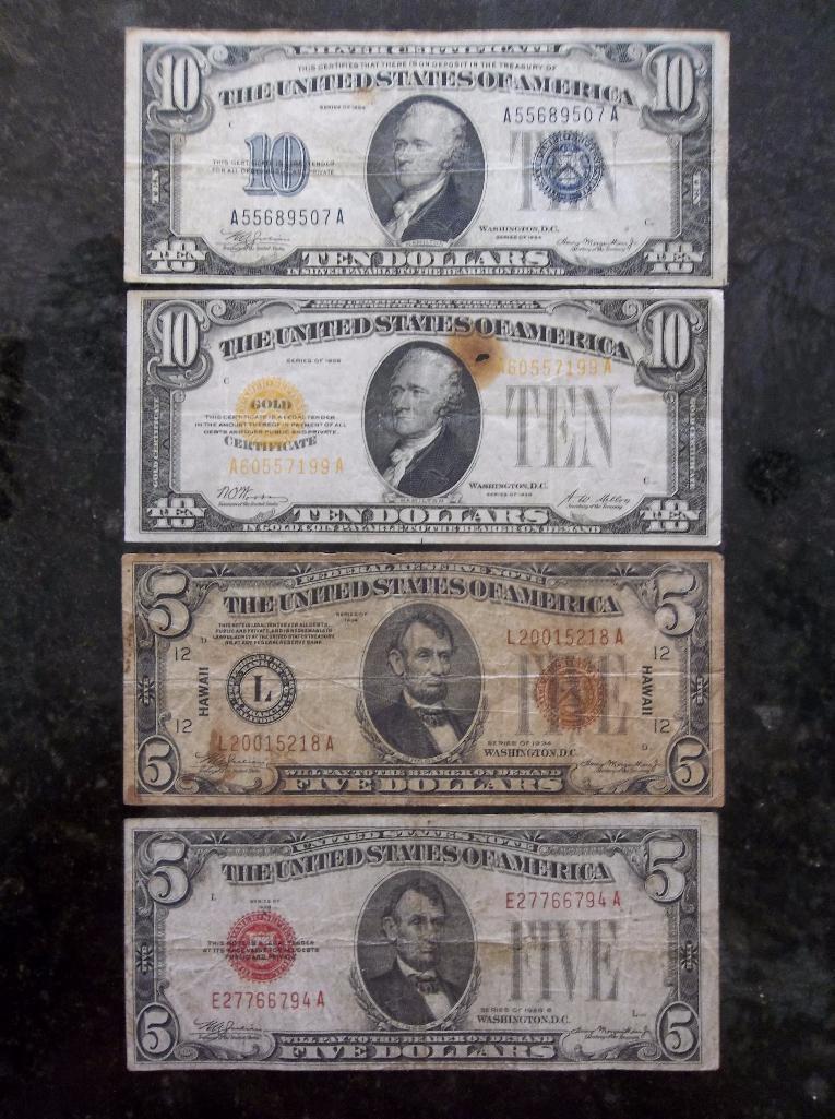 4 PC LOT: 1928B RED SEAL $5 USN; 1934 HAWAII $5 BROWN SEAL; 1928 $10 GOLD CERTIFICATE; 1934 $10 SILV