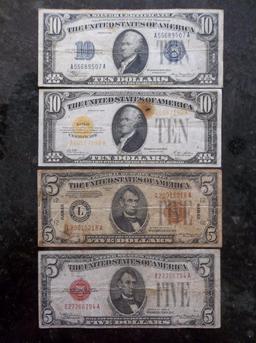 4 PC LOT: 1928B RED SEAL $5 USN; 1934 HAWAII $5 BROWN SEAL; 1928 $10 GOLD CERTIFICATE; 1934 $10 SILV