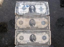6 PC LOT OF LARGE SIZE: (2) each 1899 $1 BLACK EAGLES & 1923 SILVER CERTIFICATES AND (2) 1914 $5 FRN