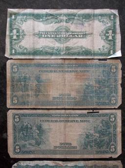 6 PC LOT OF LARGE SIZE: (2) each 1899 $1 BLACK EAGLES & 1923 SILVER CERTIFICATES AND (2) 1914 $5 FRN