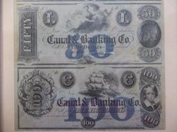 COPY OF A 4-SUBJECT UNCUT SHEET OF CANAL & BANKING OBSOLETES: $20-$20-$50-$100 - FRAMED