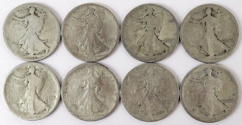 Lot of (8) 1916 Walking Liberty Half Dollars.