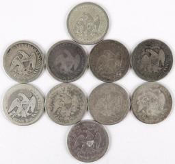 Lot of (10) Seated Liberty Quarters - mixed dates.