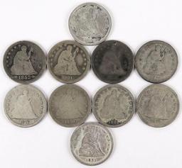 Lot of (10) Seated Liberty Quarters - mixed dates.