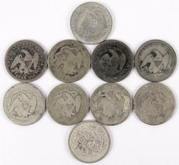 Lot of (10) Seated Liberty Quarters - mixed dates.