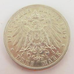 1909-F German States Wurttemberg 3 Mark.