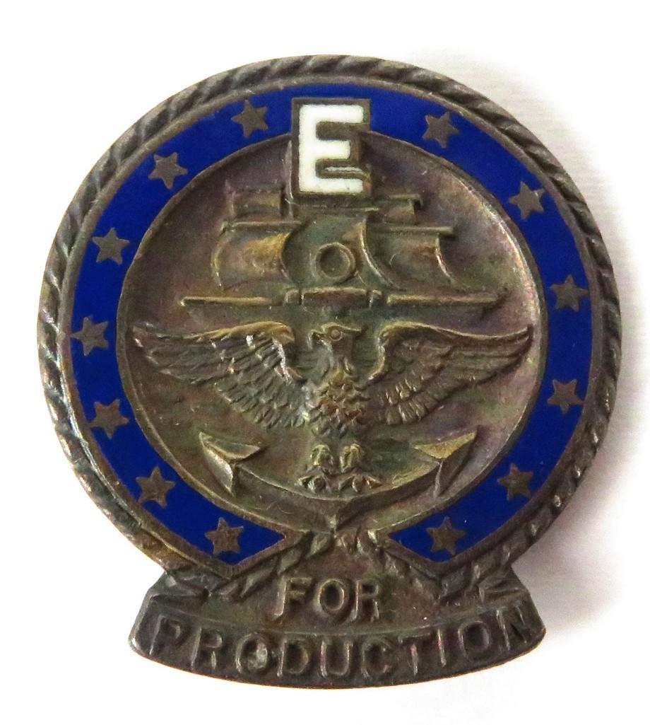 WWII Sterling Silver U.S. Navy E for Production Pin Enamel Blue.