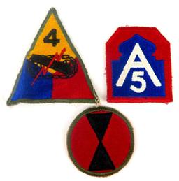 Lot of (3) WWII Patches includes 5th Army, 7th Infantry Division & 4th Armored Division.