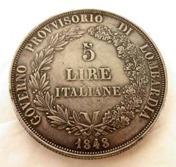 1848-M Italian States Lombardy-Venetia 5 Lire.