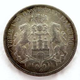 1891-J German States Hamburg 5 Mark Silver.