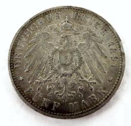 1891-J German States Hamburg 5 Mark Silver.