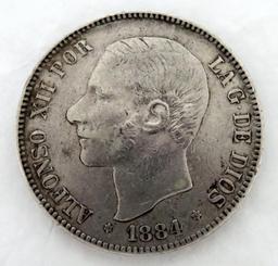 1884 (84) Spain 5 Pesetas Alfonso XII Silver.