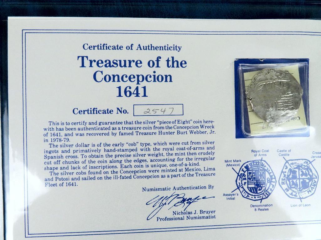 Shipwreck Treasure from the 1641 Concepcion Piece Of Eight Silver with authenticity papers / holder.