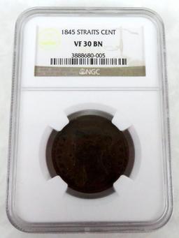 1845 Straits Settlements Cent. NGC Certified VF30BN.