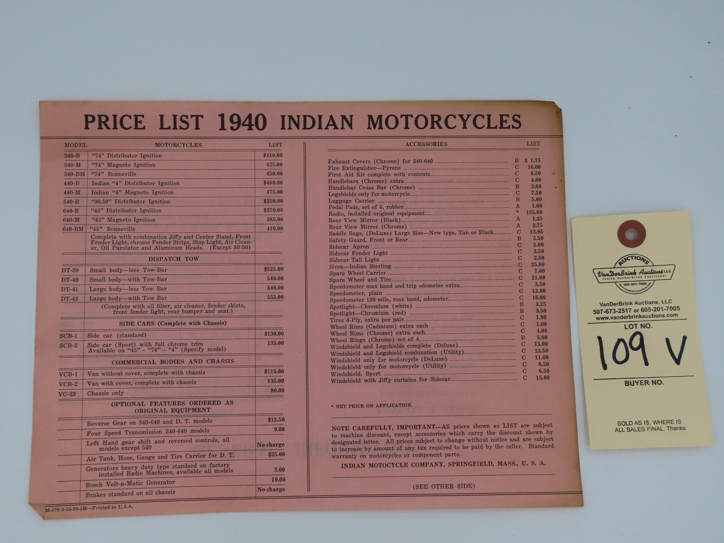 1940 Indian Motorcycles Price List