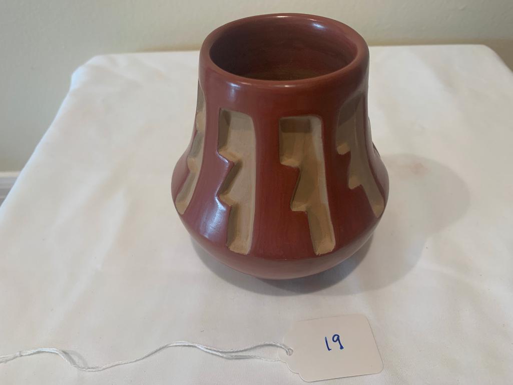 Redware Pot with painted stair step pattern in blue with red trim