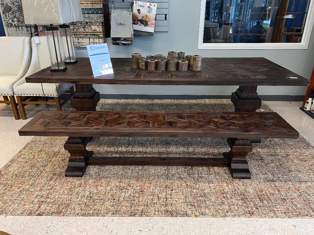 Marquette Dining Table and Bench. Table 100' long x 42.25" wide. Bench 86" long.