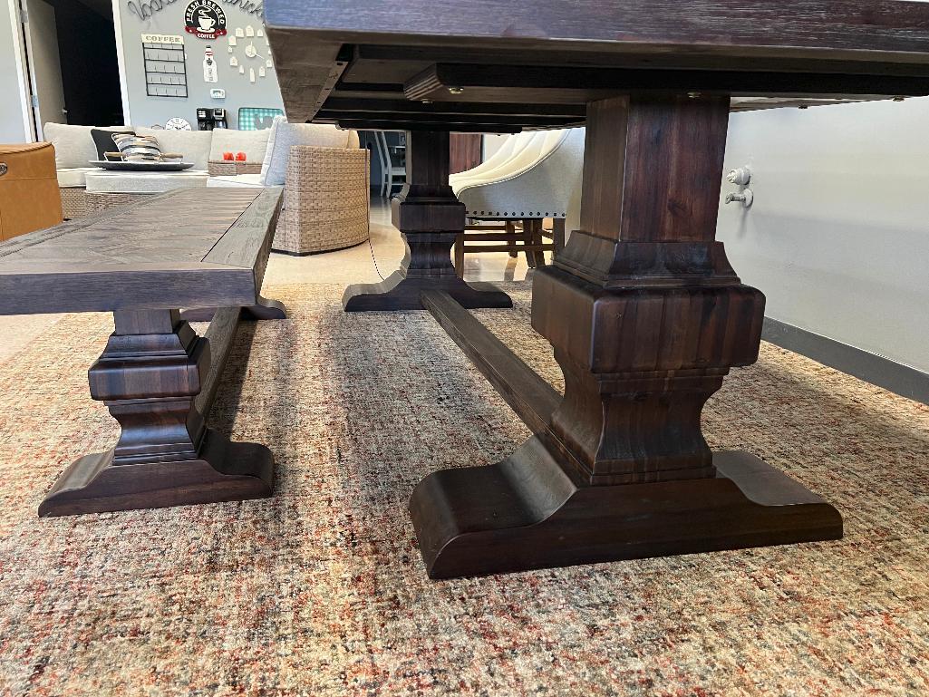 Marquette Dining Table and Bench. Table 100' long x 42.25" wide. Bench 86" long.