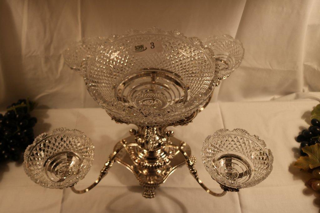 Four Arm Silver Plated Center Piece w/Large Cut Crystal  Bowl & 4 Small Side Bowls