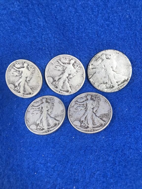 (5) Walking Liberty Silver Half Dollars