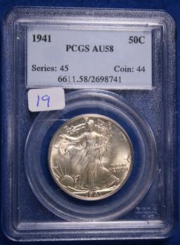 2- 1941 AU58, PCGS Walking Liberty Half Dollar