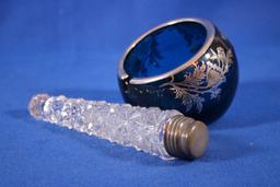 Daisy & Button Glass Container & Blue Ashtray