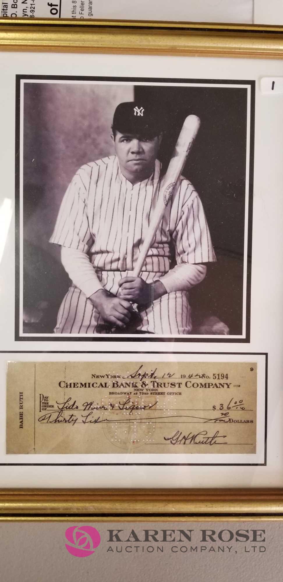 Framed Picture of Babe Ruth with Check