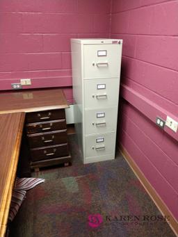 60 in by 42 in l shaped desk, four drawer file cabinet, and shelf