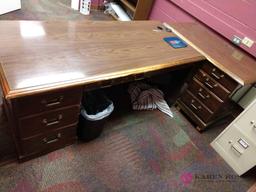 60 in by 42 in l shaped desk, four drawer file cabinet, and shelf