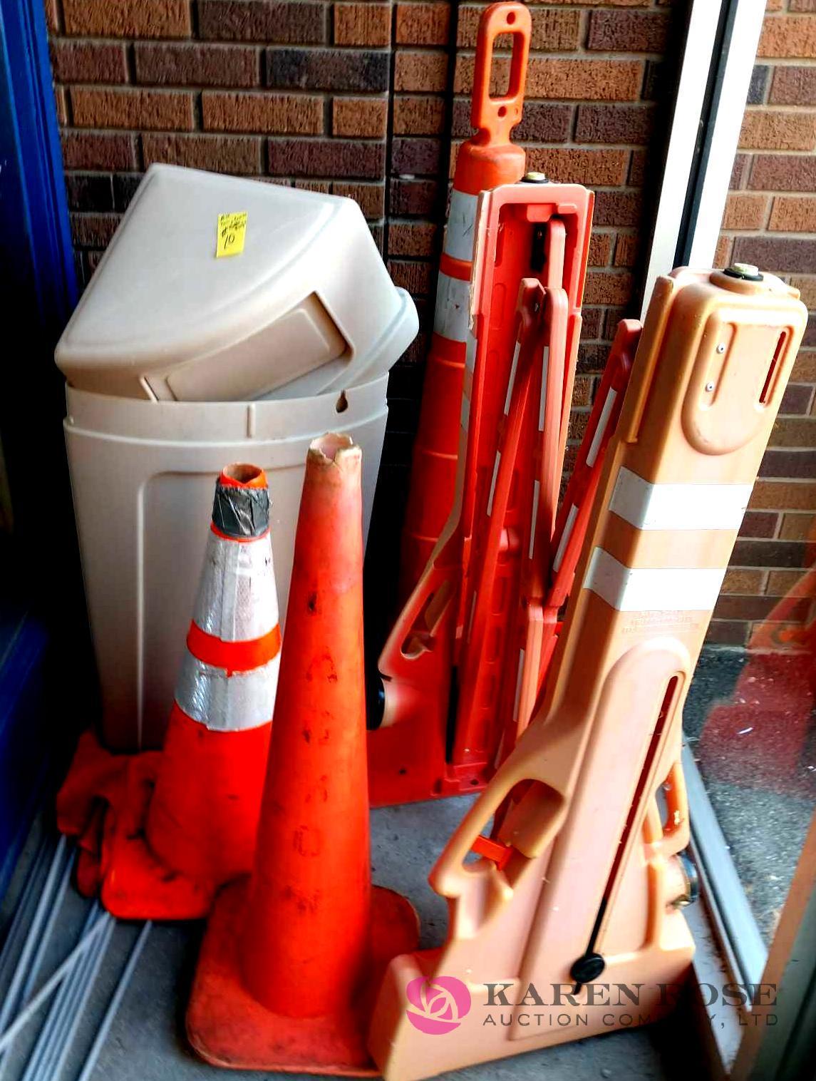 Portable gate, cones, trash can, and flags