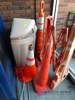 Portable gate, cones, trash can, and flags