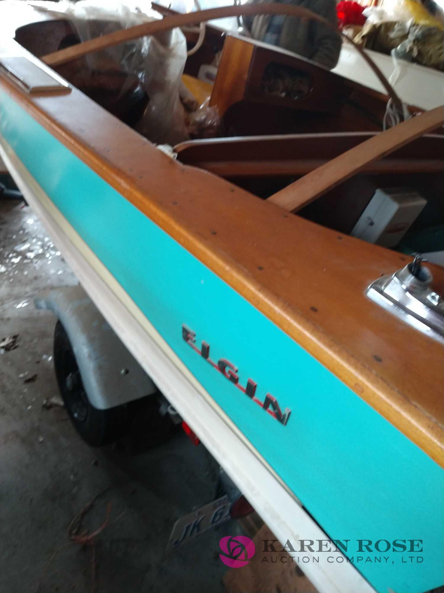 Vintage Elgin hand crafted wood boat with Johnson seahorse 35 , REGISTERED HOME BUILT, DAD BUILT