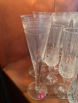 Clear glass stemware and Waterford champagne glasses