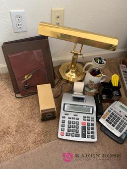 Desk lamp calculators pencil sharpener and more