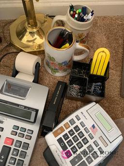 Desk lamp calculators pencil sharpener and more