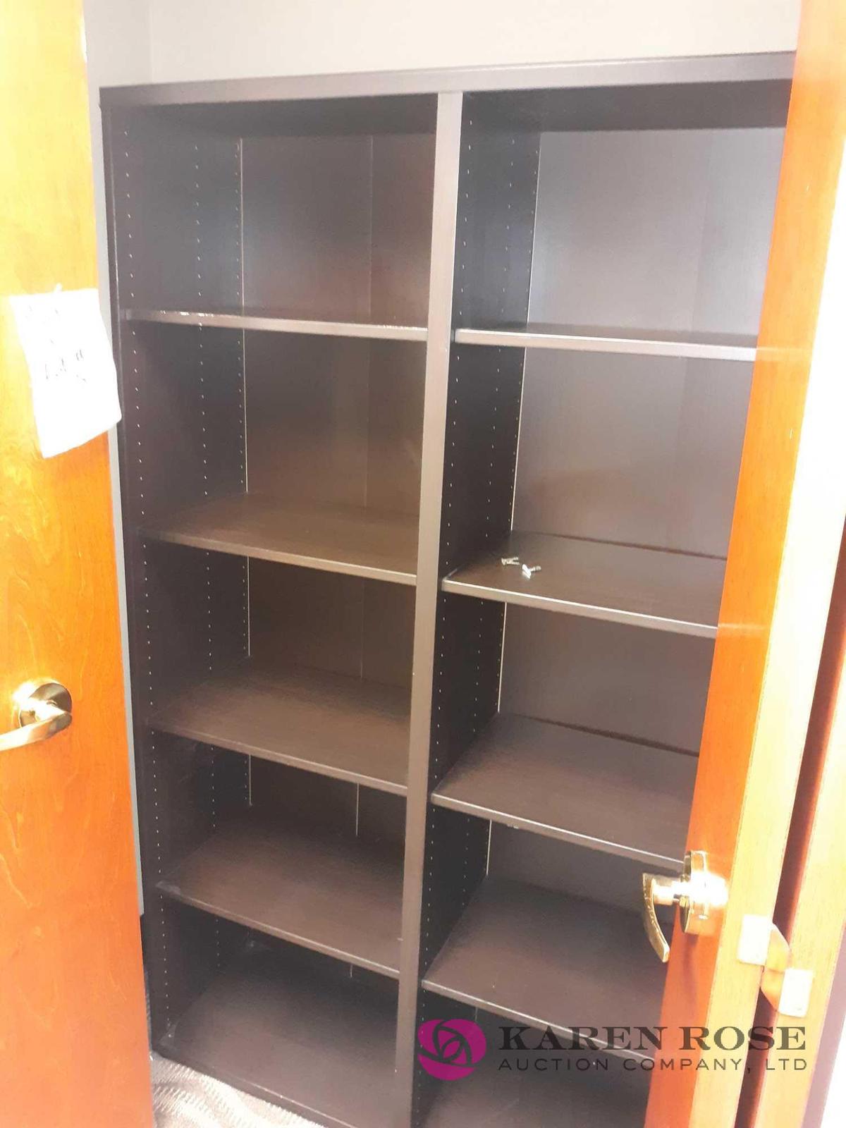 Black shelf and room of desks