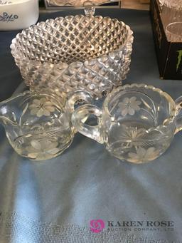 Lot of crystal dishes bowl, Creamer and sugar, dessert plate