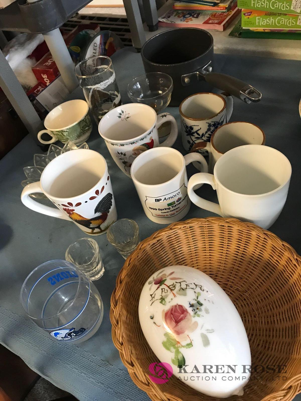 Assorted lot cups ,shot glasses,pan,glasses