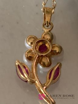 14 k Ruby and pearl flower necklace