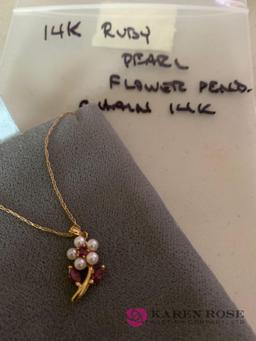 14 k Ruby and pearl flower necklace