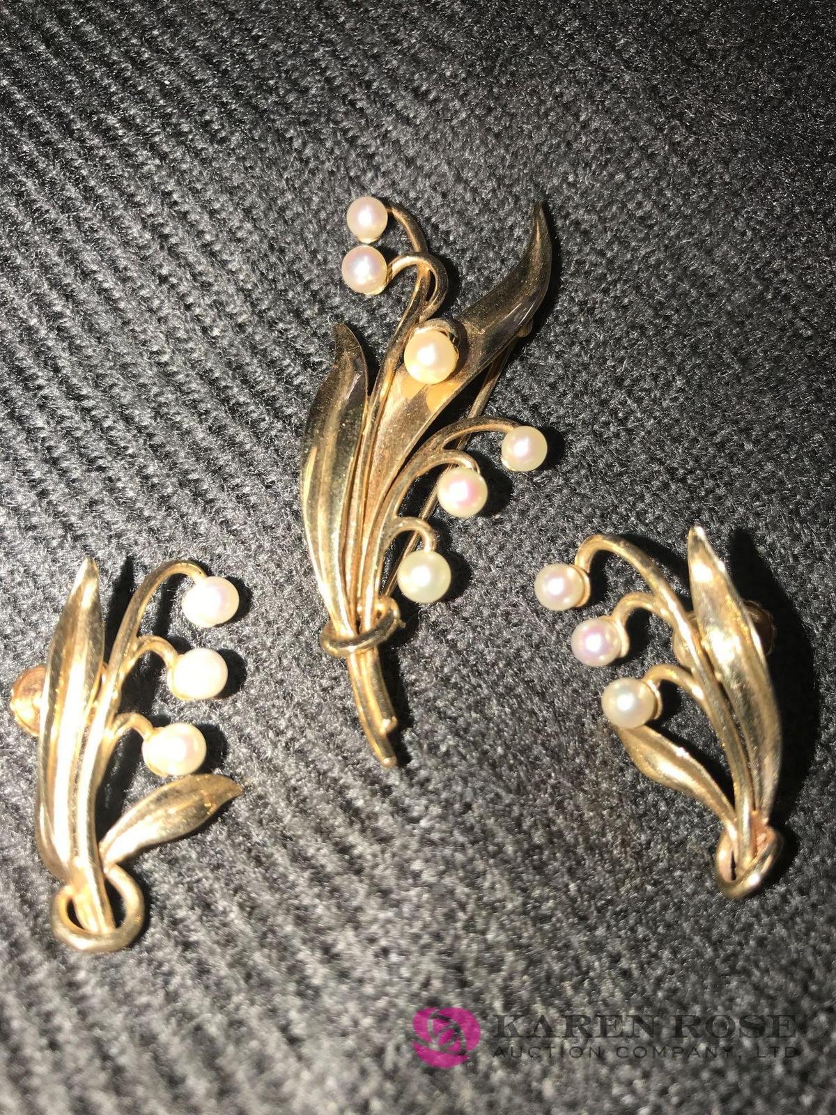 14kt gold pin / earrings pearls