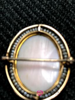 10kt gold shell cameo seed pearls pin