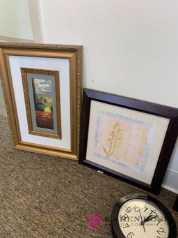 Three framed pictures and wall clock room #1