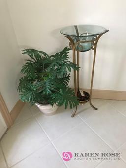 Glass / metal plant stand/ artificial plant in pot