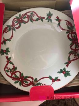 Dishes in kitchen cabinet Christmas dinnerware