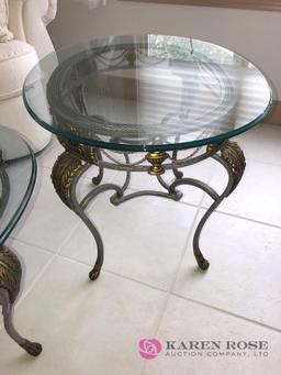 2- wrought Iron glass top end tables