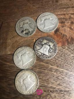 5- silver Benjamin Franklin half dollars 1952-1949-1960-1959-1963