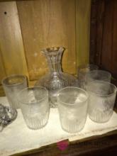 crystal cut glass decanter / 6 glasses