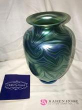 Orient & Flume Art Glass vase king tut Peking green iridescent signed