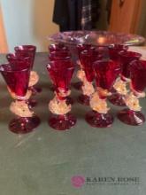 12 vintage wine glasses red with gold colored fish on the stems